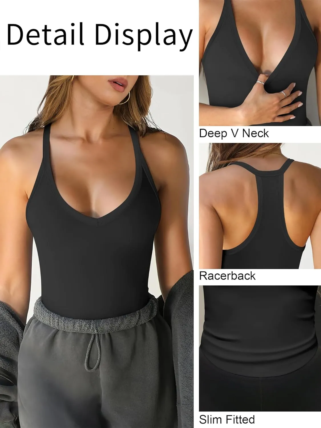 Caracilia Women Racerback Tank Tops 2025 Summer Sleeveless V Neck Camisole Slim Fit Basic Camis Workout Clothes