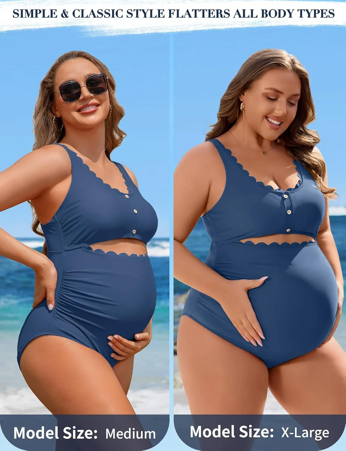 Charmo Maternity One Piece Swimsuit Scalloped Cut Out Ruched High Waisted Scoop Neck Pregnancy Bathing Suit