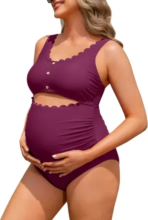Charmo Maternity One Piece Swimsuit Scalloped Cut Out Ruched High Waisted Scoop Neck Pregnancy Bathing Suit
