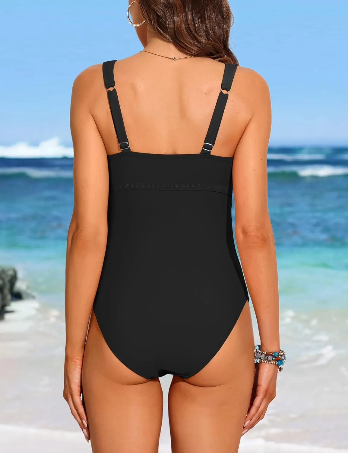 Charmo Maternity One Piece Swimsuit Scalloped Cut Out Ruched High Waisted Scoop Neck Pregnancy Bathing Suit