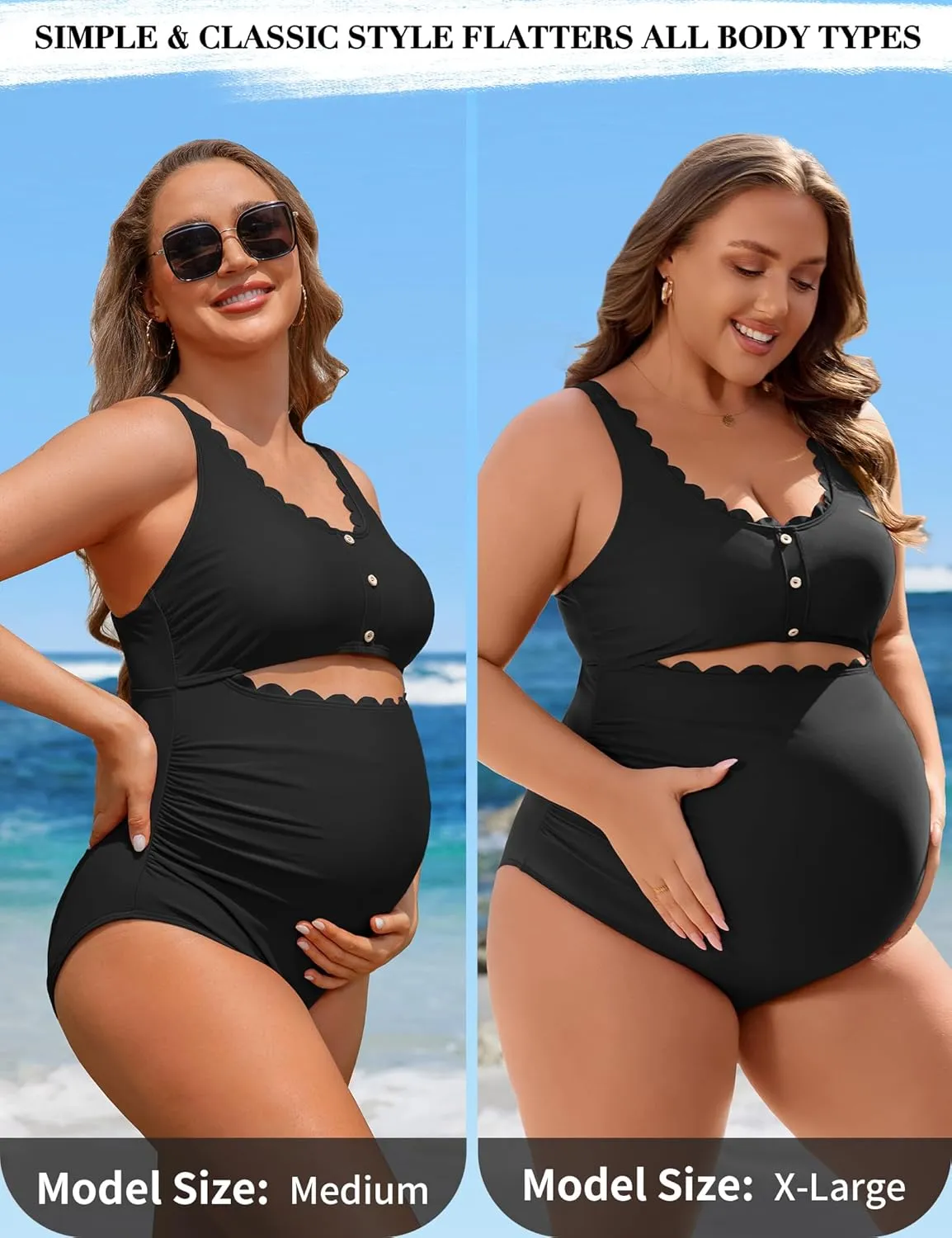 Charmo Maternity One Piece Swimsuit Scalloped Cut Out Ruched High Waisted Scoop Neck Pregnancy Bathing Suit