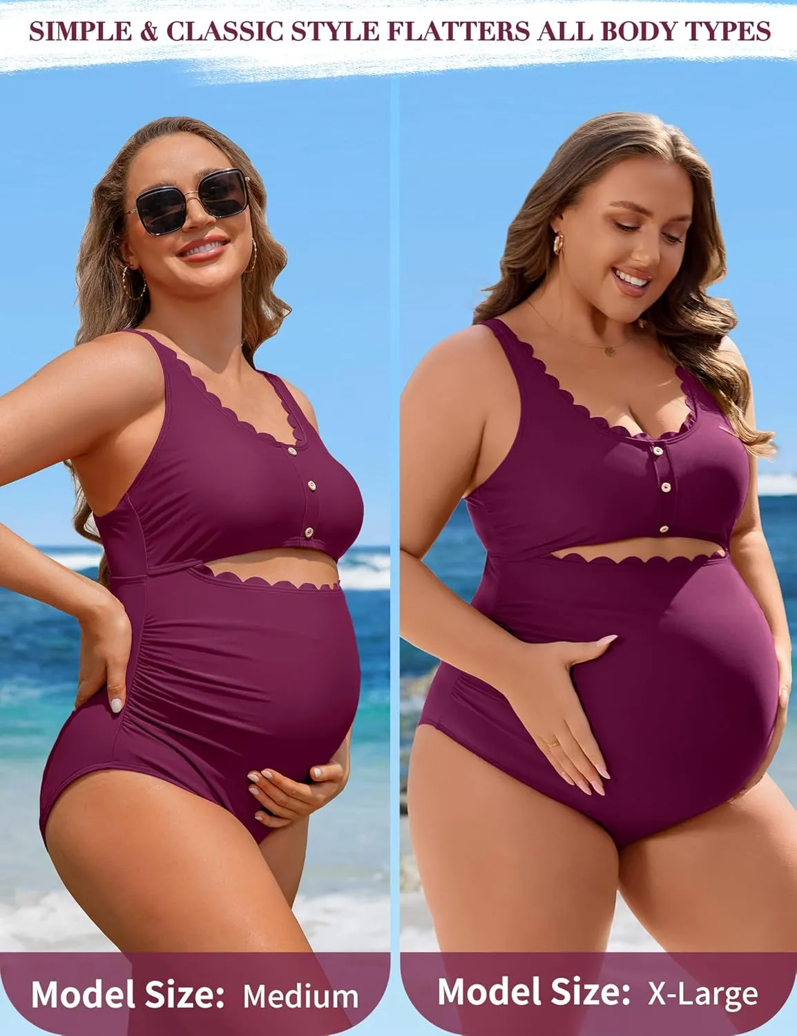Charmo Maternity One Piece Swimsuit Scalloped Cut Out Ruched High Waisted Scoop Neck Pregnancy Bathing Suit