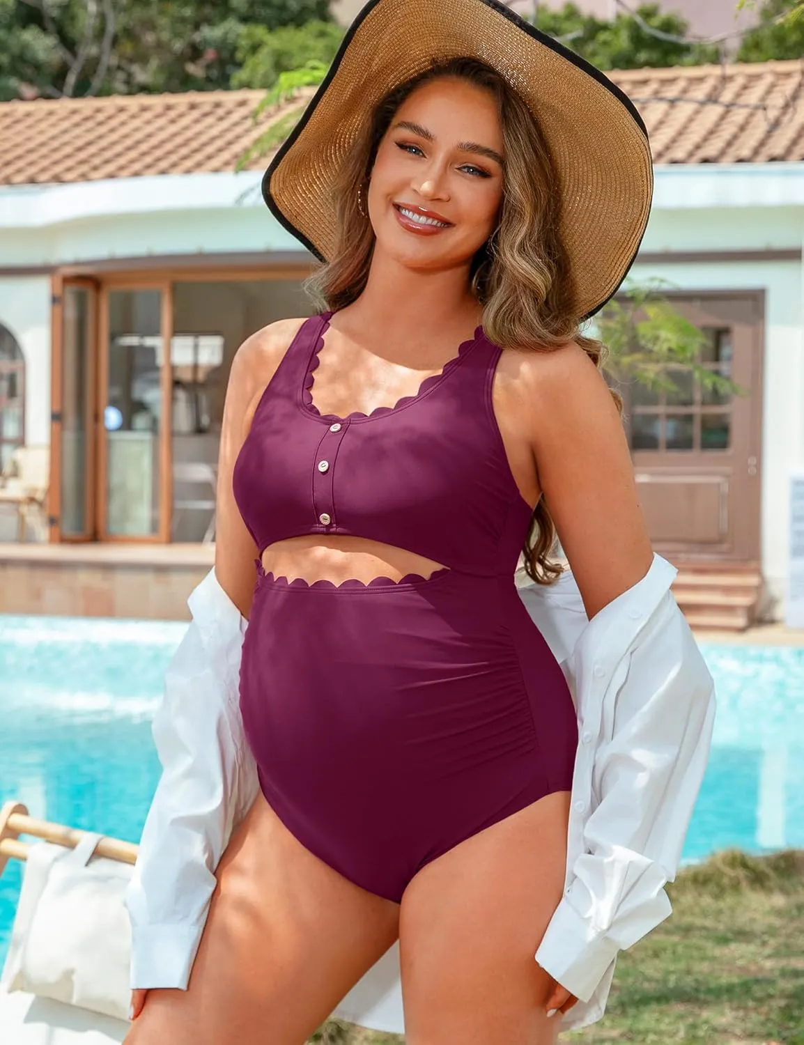 Charmo Maternity One Piece Swimsuit Scalloped Cut Out Ruched High Waisted Scoop Neck Pregnancy Bathing Suit