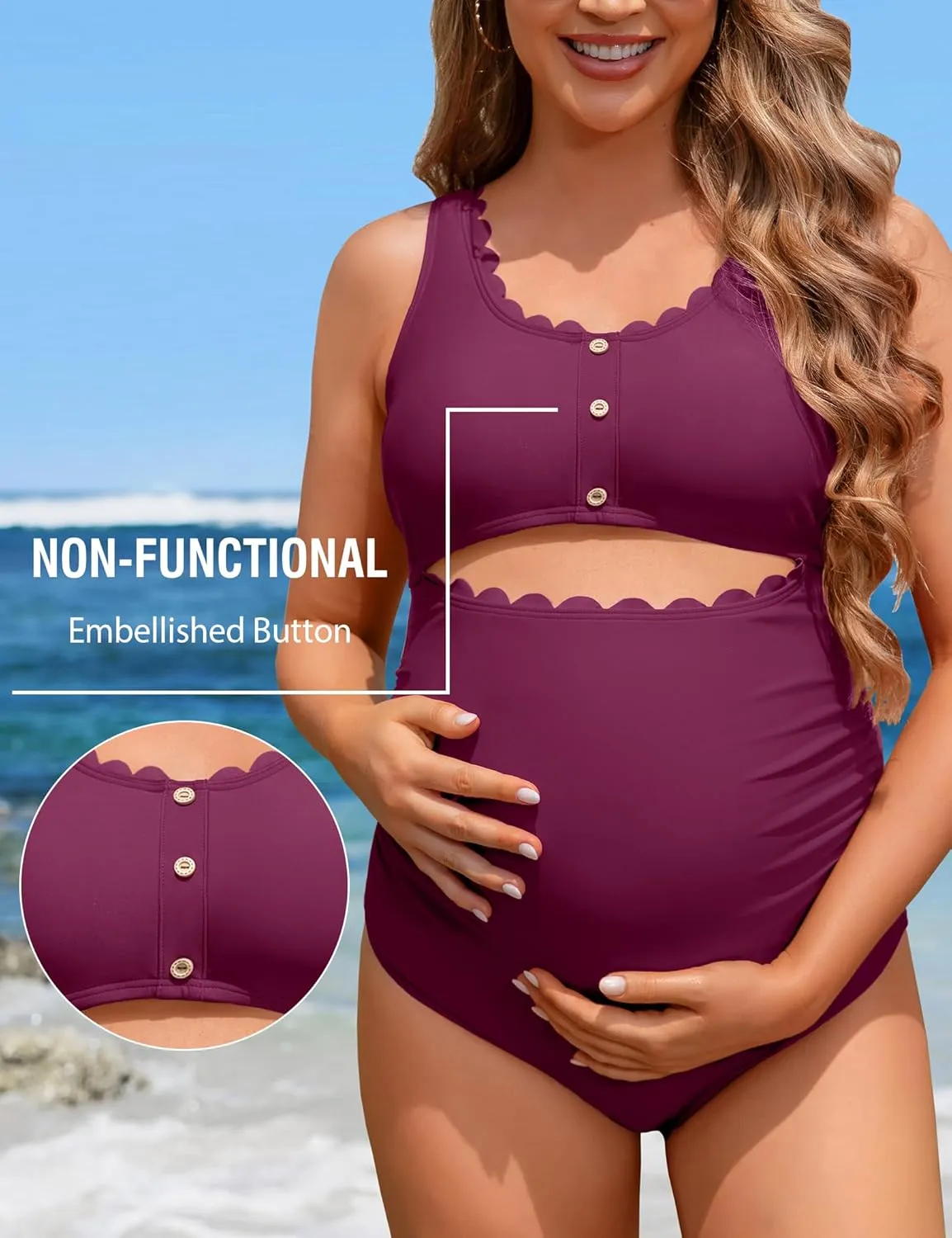 Charmo Maternity One Piece Swimsuit Scalloped Cut Out Ruched High Waisted Scoop Neck Pregnancy Bathing Suit
