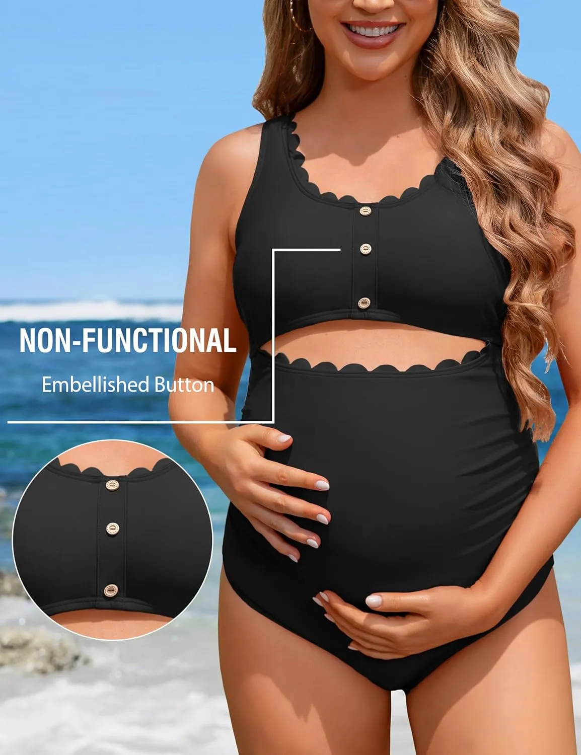 Charmo Maternity One Piece Swimsuit Scalloped Cut Out Ruched High Waisted Scoop Neck Pregnancy Bathing Suit