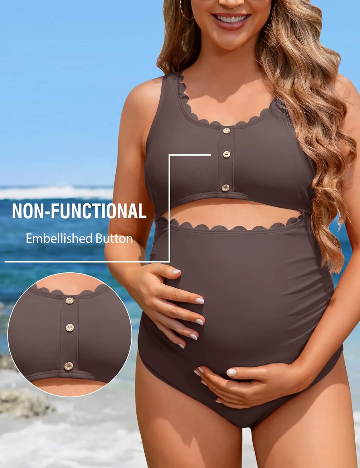 Charmo Maternity One Piece Swimsuit Scalloped Cut Out Ruched High Waisted Scoop Neck Pregnancy Bathing Suit