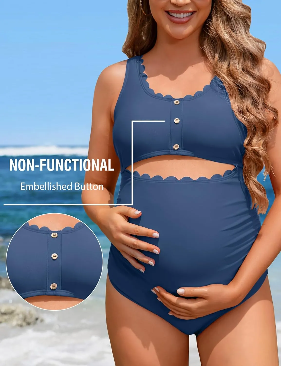 Charmo Maternity One Piece Swimsuit Scalloped Cut Out Ruched High Waisted Scoop Neck Pregnancy Bathing Suit