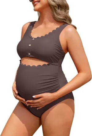 Charmo Maternity One Piece Swimsuit Scalloped Cut Out Ruched High Waisted Scoop Neck Pregnancy Bathing Suit
