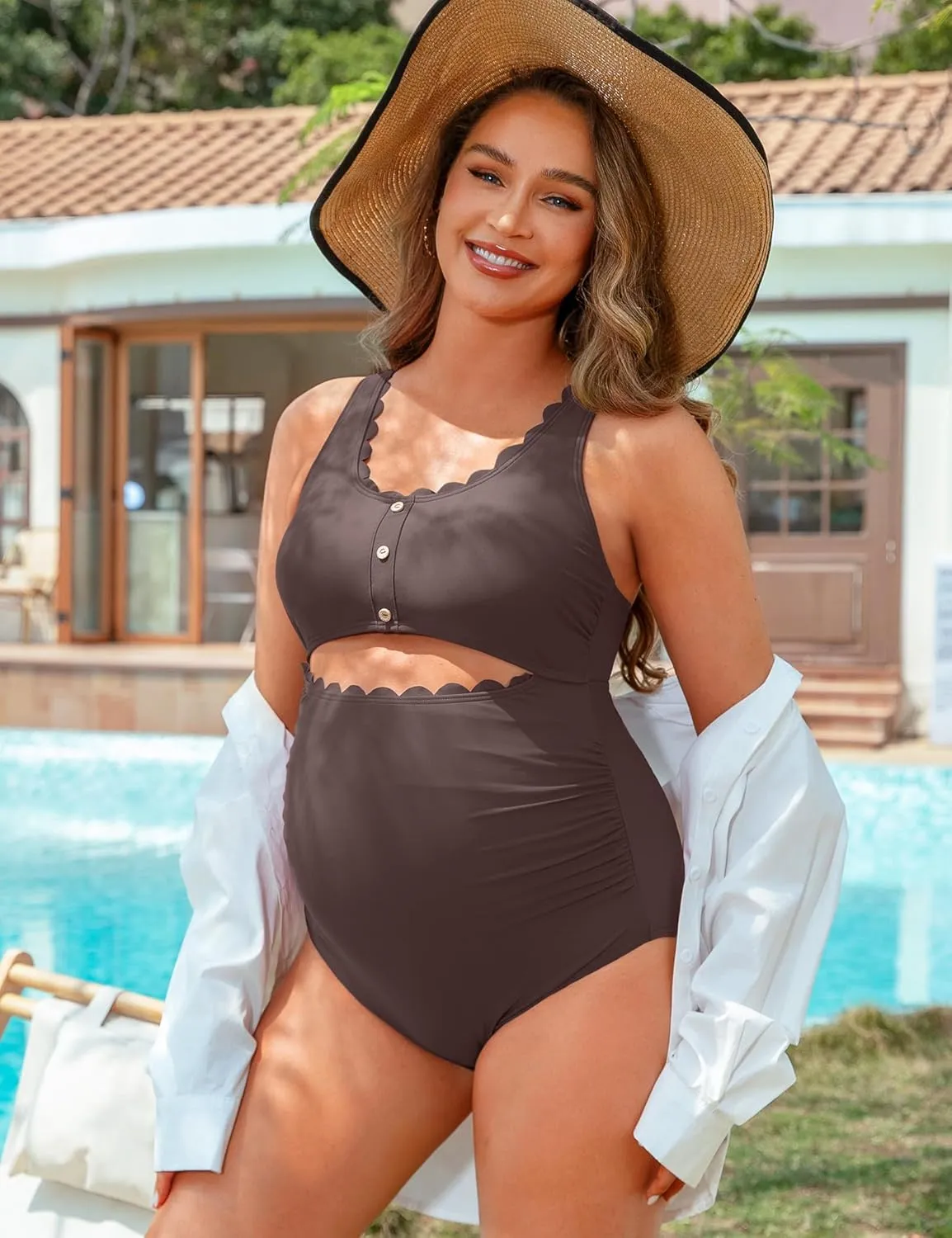 Charmo Maternity One Piece Swimsuit Scalloped Cut Out Ruched High Waisted Scoop Neck Pregnancy Bathing Suit
