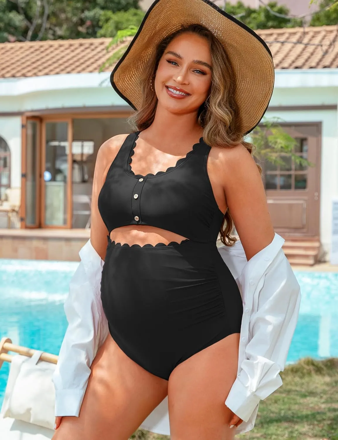 Charmo Maternity One Piece Swimsuit Scalloped Cut Out Ruched High Waisted Scoop Neck Pregnancy Bathing Suit