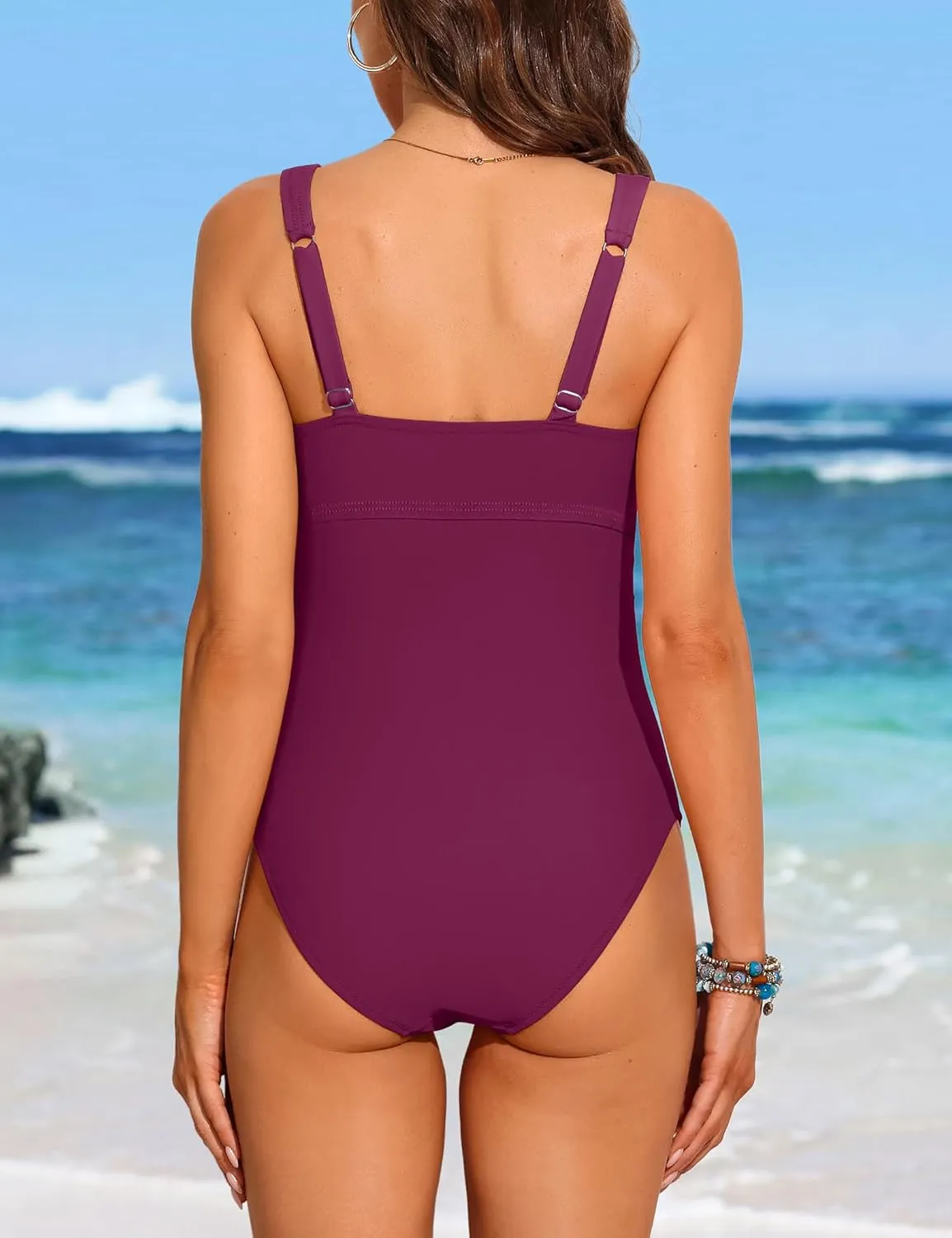 Charmo Maternity One Piece Swimsuit Scalloped Cut Out Ruched High Waisted Scoop Neck Pregnancy Bathing Suit