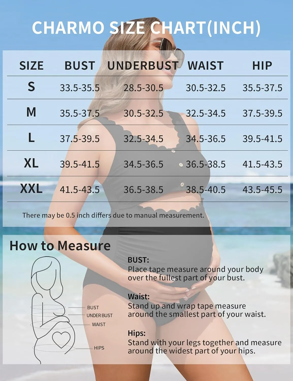 Charmo Maternity One Piece Swimsuit Scalloped Cut Out Ruched High Waisted Scoop Neck Pregnancy Bathing Suit