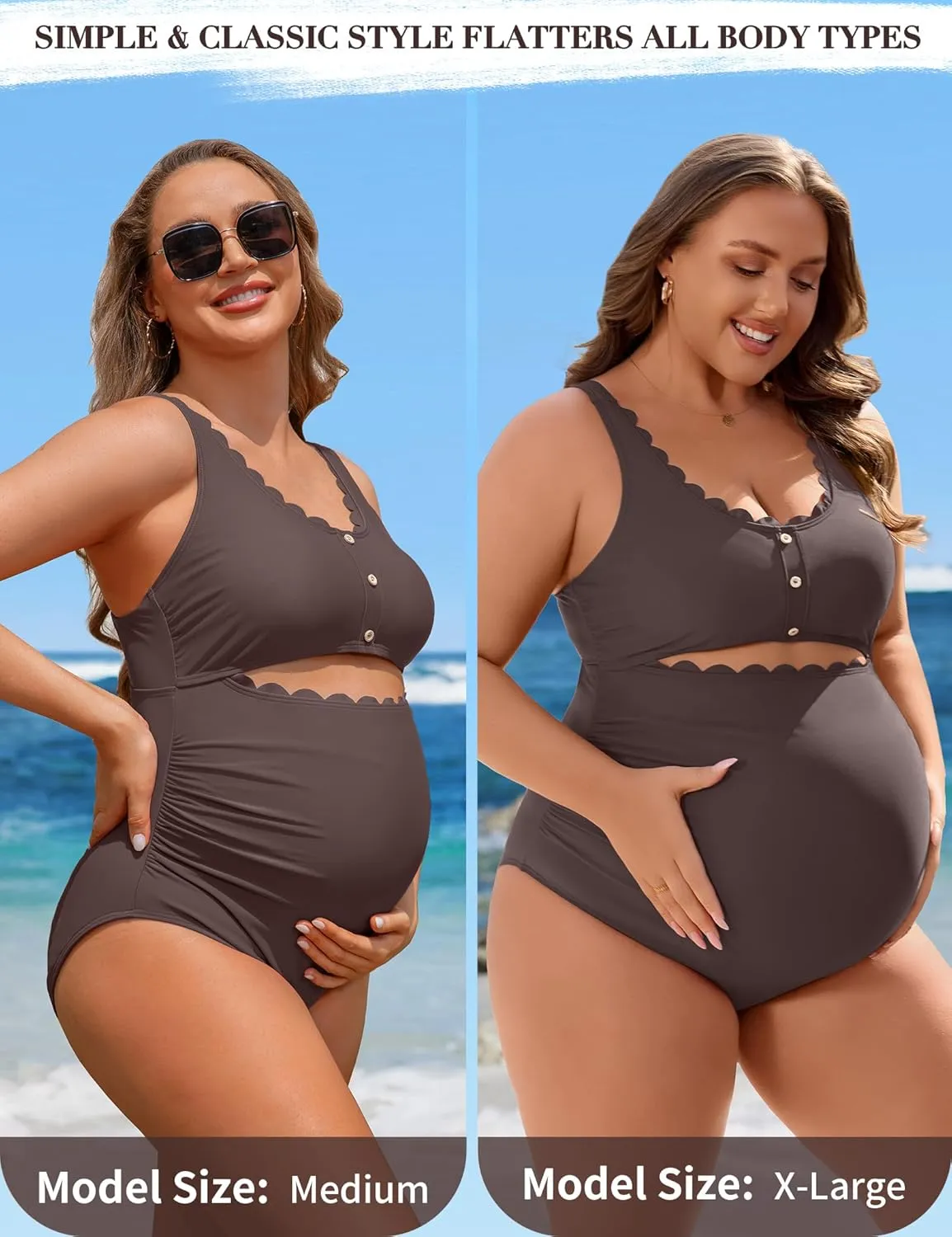 Charmo Maternity One Piece Swimsuit Scalloped Cut Out Ruched High Waisted Scoop Neck Pregnancy Bathing Suit