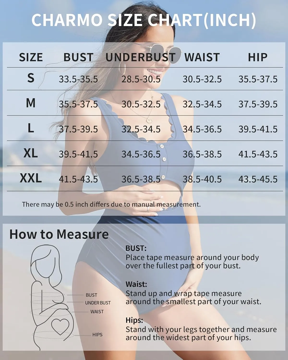 Charmo Maternity One Piece Swimsuit Scalloped Cut Out Ruched High Waisted Scoop Neck Pregnancy Bathing Suit