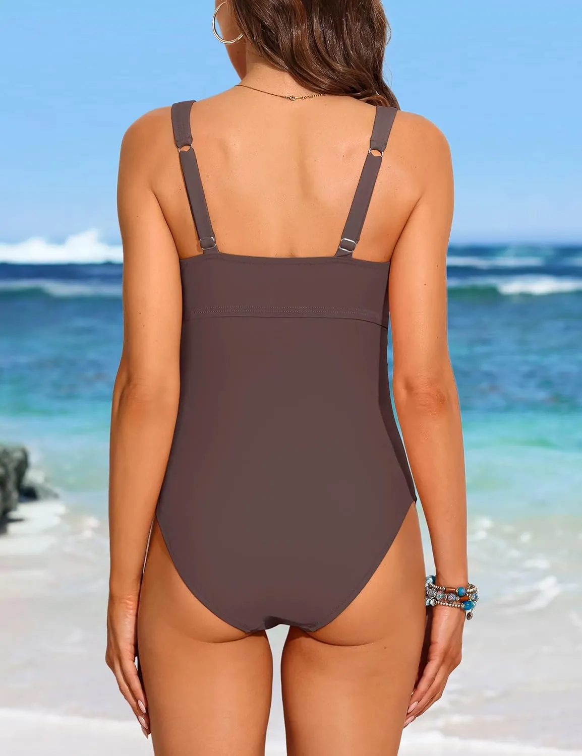 Charmo Maternity One Piece Swimsuit Scalloped Cut Out Ruched High Waisted Scoop Neck Pregnancy Bathing Suit
