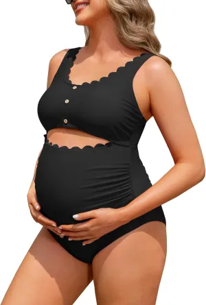 Charmo Maternity One Piece Swimsuit Scalloped Cut Out Ruched High Waisted Scoop Neck Pregnancy Bathing Suit