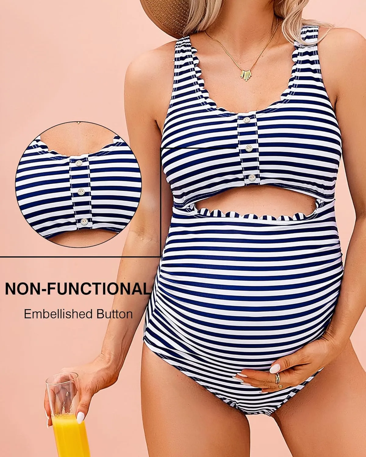 Charmo Maternity One Piece Swimsuit Scalloped Cut Out Ruched High Waisted Scoop Neck Pregnancy Bathing Suit