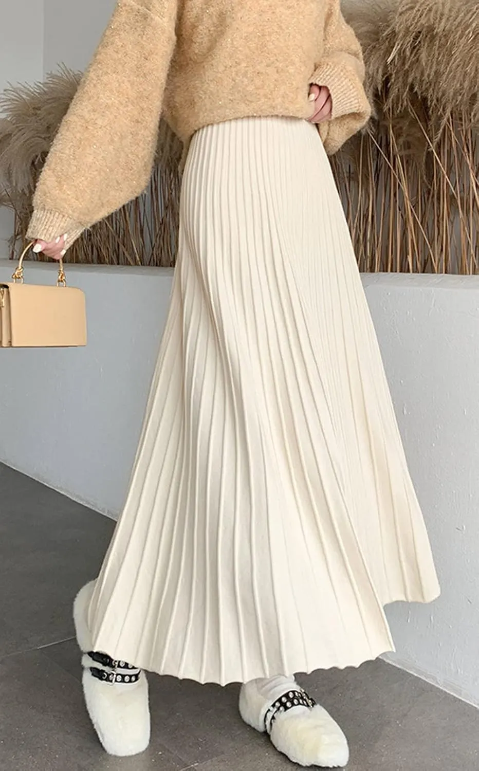 CHARTOU Women's Fall Winter High Waist Pleated A-Line Maxi Long Knit Sweater Skirt