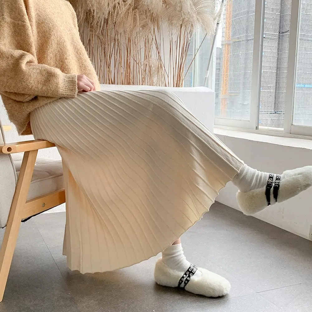 CHARTOU Women's Fall Winter High Waist Pleated A-Line Maxi Long Knit Sweater Skirt