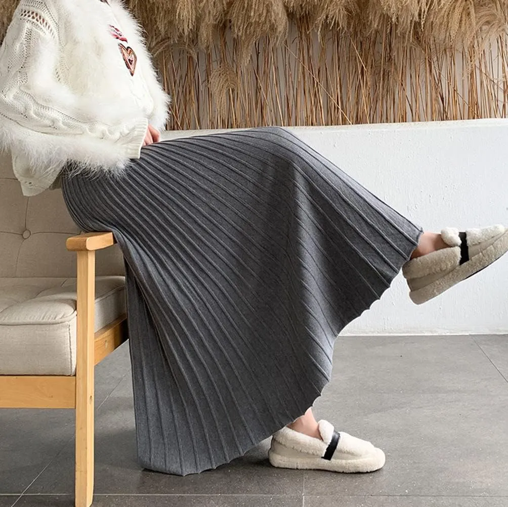 CHARTOU Women's Fall Winter High Waist Pleated A-Line Maxi Long Knit Sweater Skirt