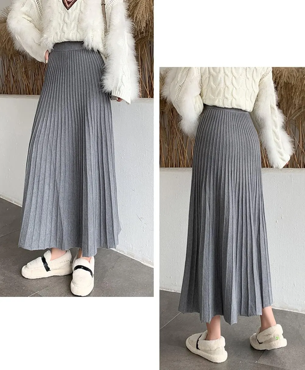 CHARTOU Women's Fall Winter High Waist Pleated A-Line Maxi Long Knit Sweater Skirt
