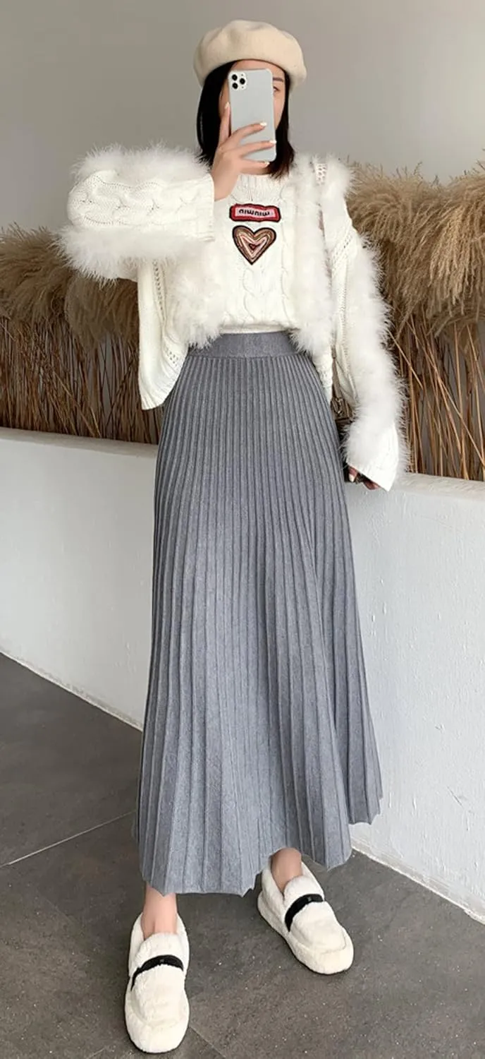 CHARTOU Women's Fall Winter High Waist Pleated A-Line Maxi Long Knit Sweater Skirt
