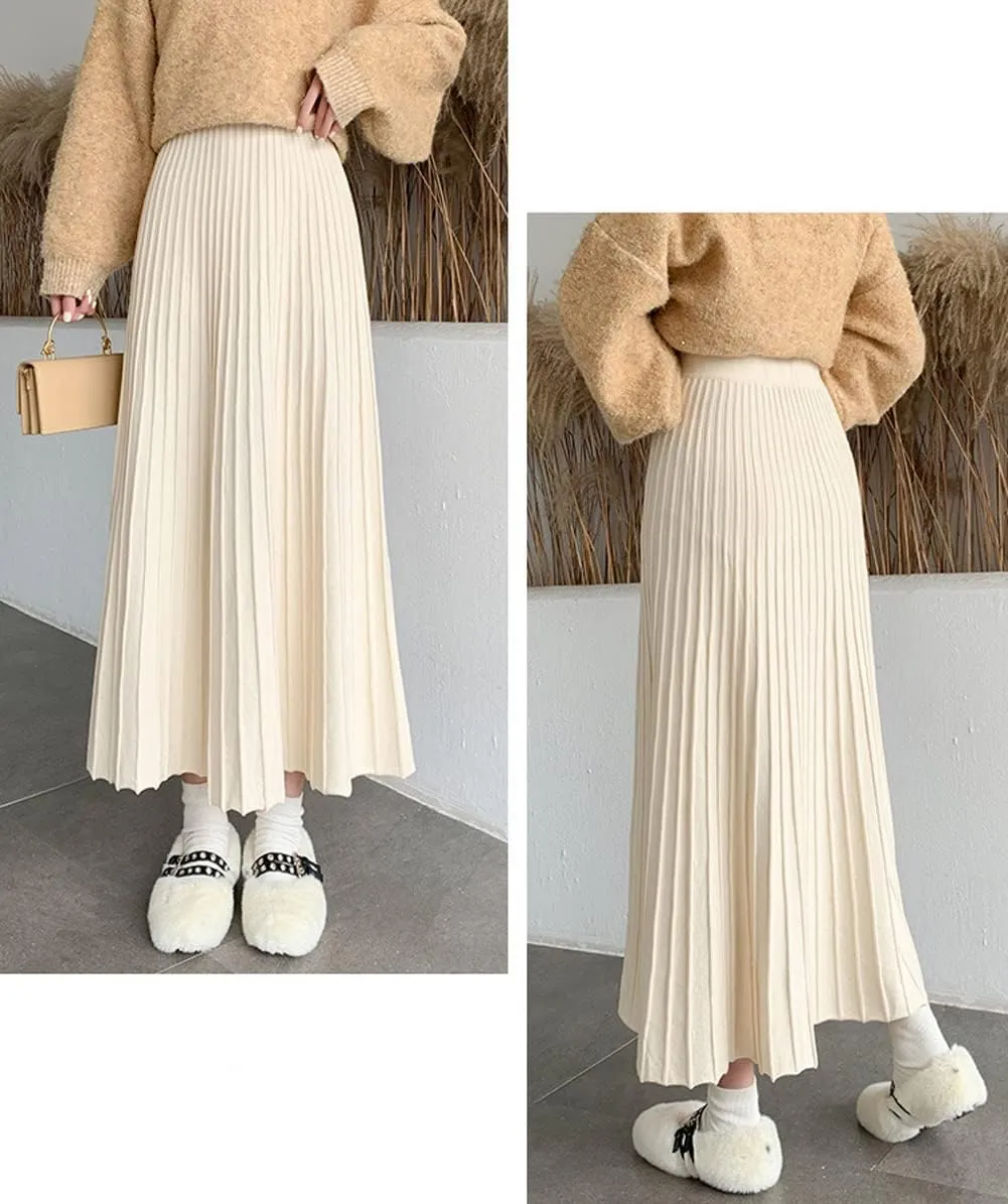 CHARTOU Women's Fall Winter High Waist Pleated A-Line Maxi Long Knit Sweater Skirt