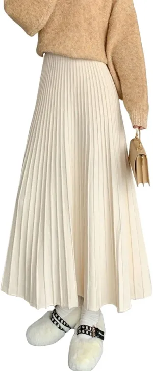 CHARTOU Women's Fall Winter High Waist Pleated A-Line Maxi Long Knit Sweater Skirt