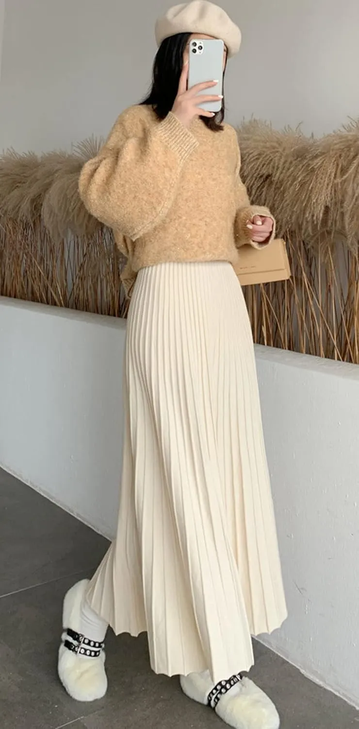 CHARTOU Women's Fall Winter High Waist Pleated A-Line Maxi Long Knit Sweater Skirt
