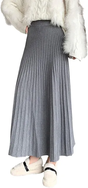 CHARTOU Women's Fall Winter High Waist Pleated A-Line Maxi Long Knit Sweater Skirt