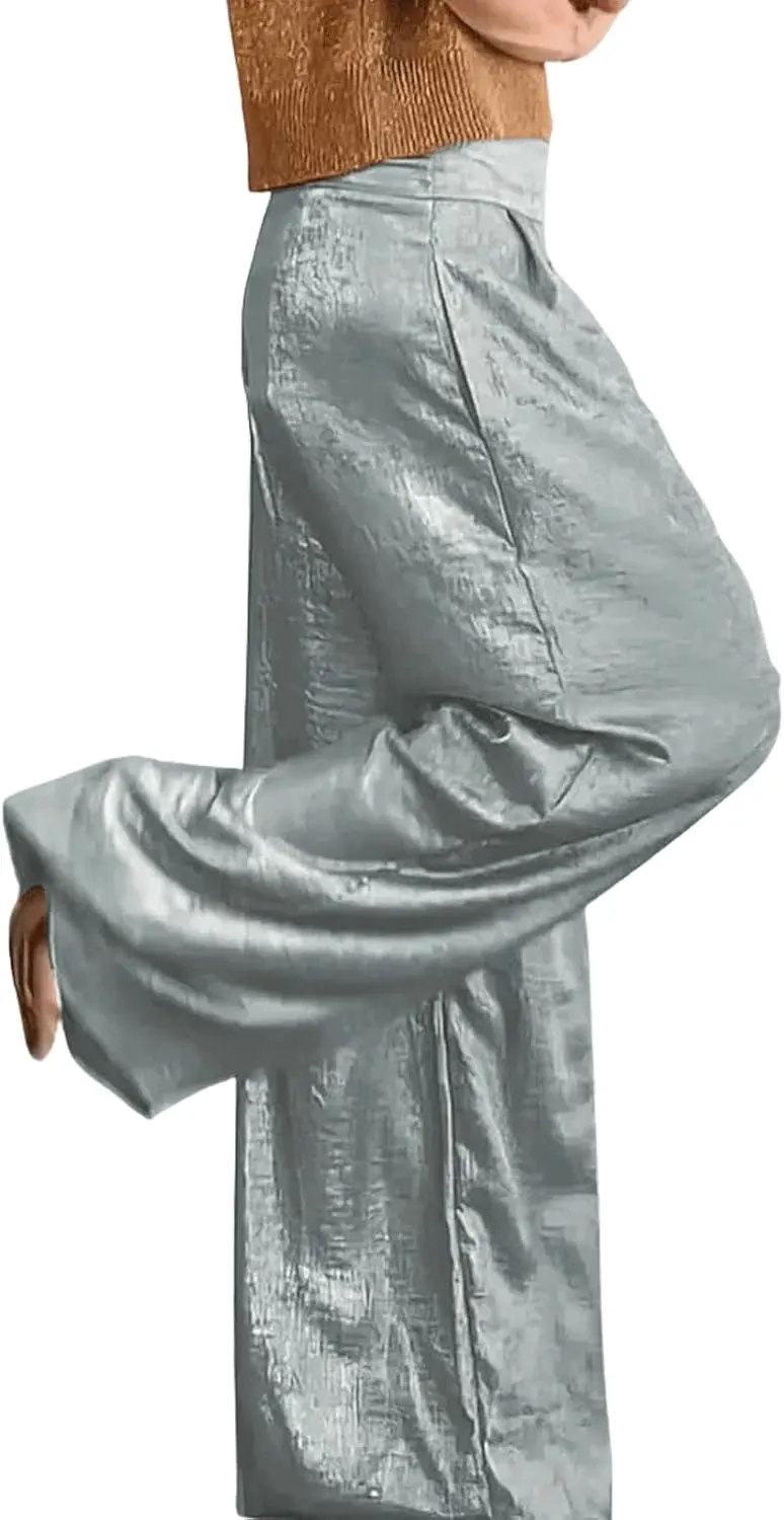 CHARTOU Women's Wide Leg Pants High Waist Straight Long Pant Metallic Patchwork Lounge Trousers with Pockets