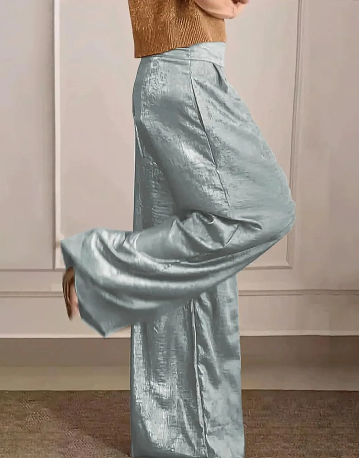 CHARTOU Women's Wide Leg Pants High Waist Straight Long Pant Metallic Patchwork Lounge Trousers with Pockets