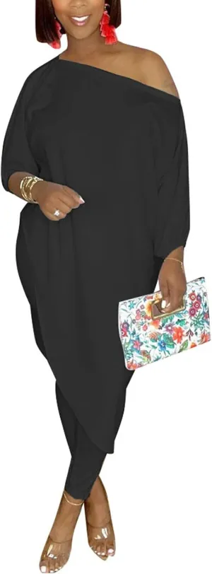 Chatinction Womens Casual 2 Piece Outfit Loose Off Shoulder Irregular Hem Tunic Top Bodycon Pants Tracksuits Set