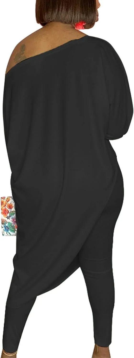 Chatinction Womens Casual 2 Piece Outfit Loose Off Shoulder Irregular Hem Tunic Top Bodycon Pants Tracksuits Set