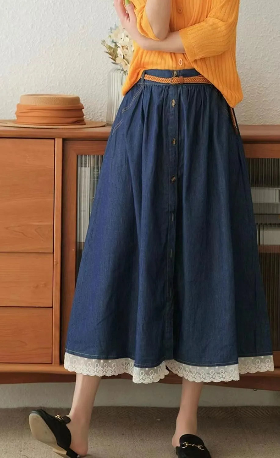 chouyatou Women's Casual Button Front Denim Skirt Elastic Waist Lace Ruffle Pleated Midi Long Jean Skirt