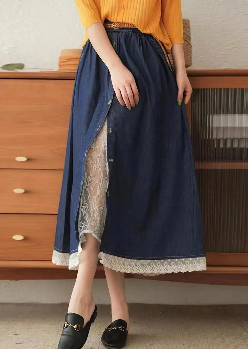chouyatou Women's Casual Button Front Denim Skirt Elastic Waist Lace Ruffle Pleated Midi Long Jean Skirt