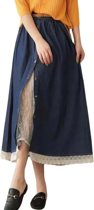 chouyatou Women's Casual Button Front Denim Skirt Elastic Waist Lace Ruffle Pleated Midi Long Jean Skirt