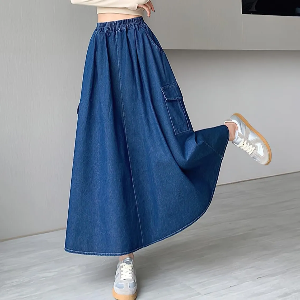 chouyatou Women's Cute Elastic High Waist Swing Jean Skirt A Line Long Midi Flare Denim Skirt with Pockets