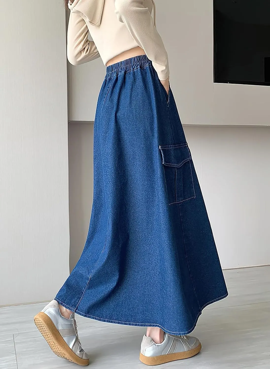 chouyatou Women's Cute Elastic High Waist Swing Jean Skirt A Line Long Midi Flare Denim Skirt with Pockets