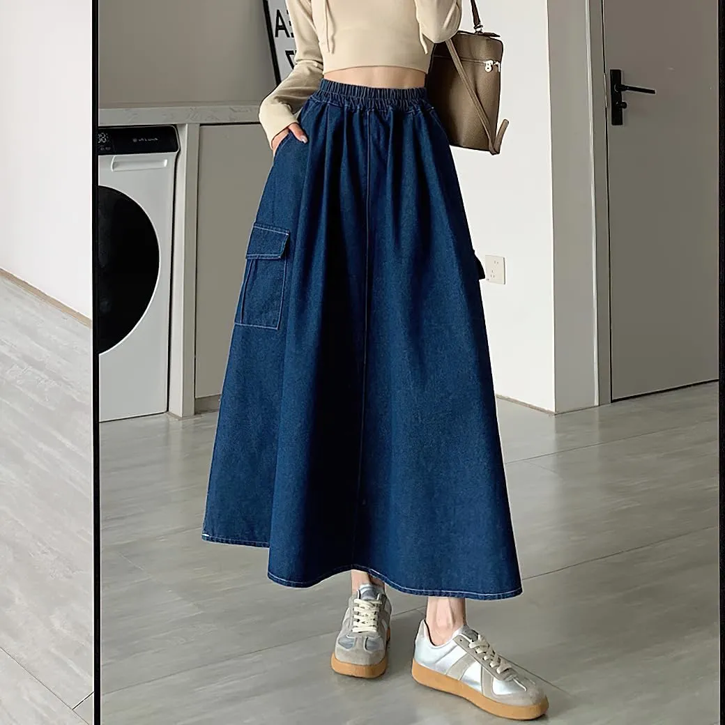 chouyatou Women's Cute Elastic High Waist Swing Jean Skirt A Line Long Midi Flare Denim Skirt with Pockets