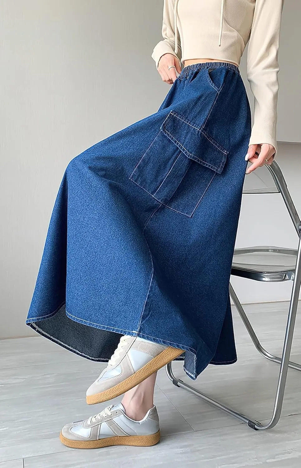 chouyatou Women's Cute Elastic High Waist Swing Jean Skirt A Line Long Midi Flare Denim Skirt with Pockets