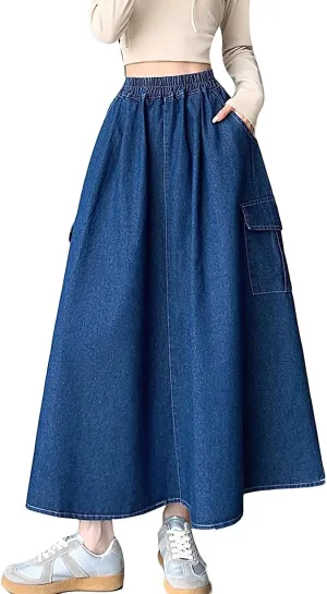 chouyatou Women's Cute Elastic High Waist Swing Jean Skirt A Line Long Midi Flare Denim Skirt with Pockets