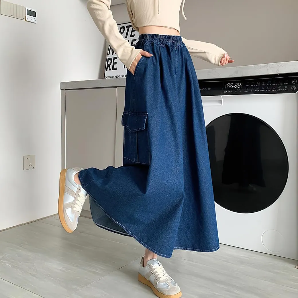 chouyatou Women's Cute Elastic High Waist Swing Jean Skirt A Line Long Midi Flare Denim Skirt with Pockets