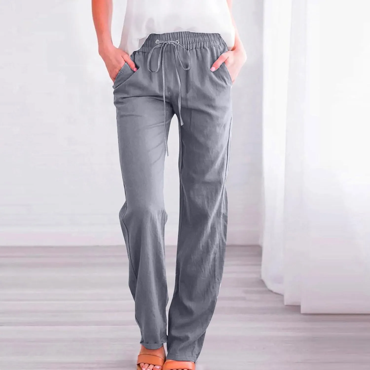 Comfy Women's Linen Pants Palazzo Cotton Linen Pants Wide Leg Loose High Waisted Trousers Summer Linen Slacks
