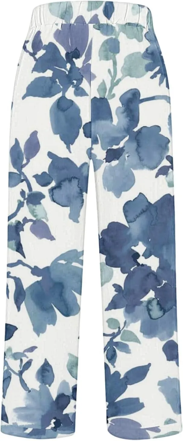 Cotton Linen Floral Cropped Pants for Women Summer Elastic Waist Straight Wide Leg Boho Beach Trouser with Pockets