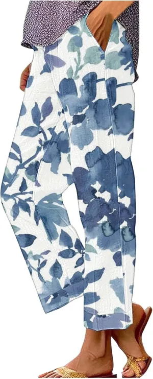 Cotton Linen Floral Cropped Pants for Women Summer Elastic Waist Straight Wide Leg Boho Beach Trouser with Pockets