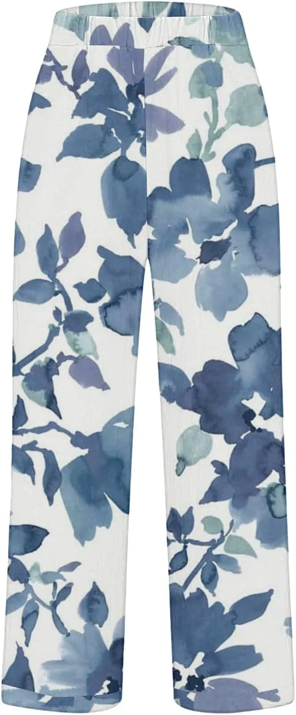 Cotton Linen Floral Cropped Pants for Women Summer Elastic Waist Straight Wide Leg Boho Beach Trouser with Pockets
