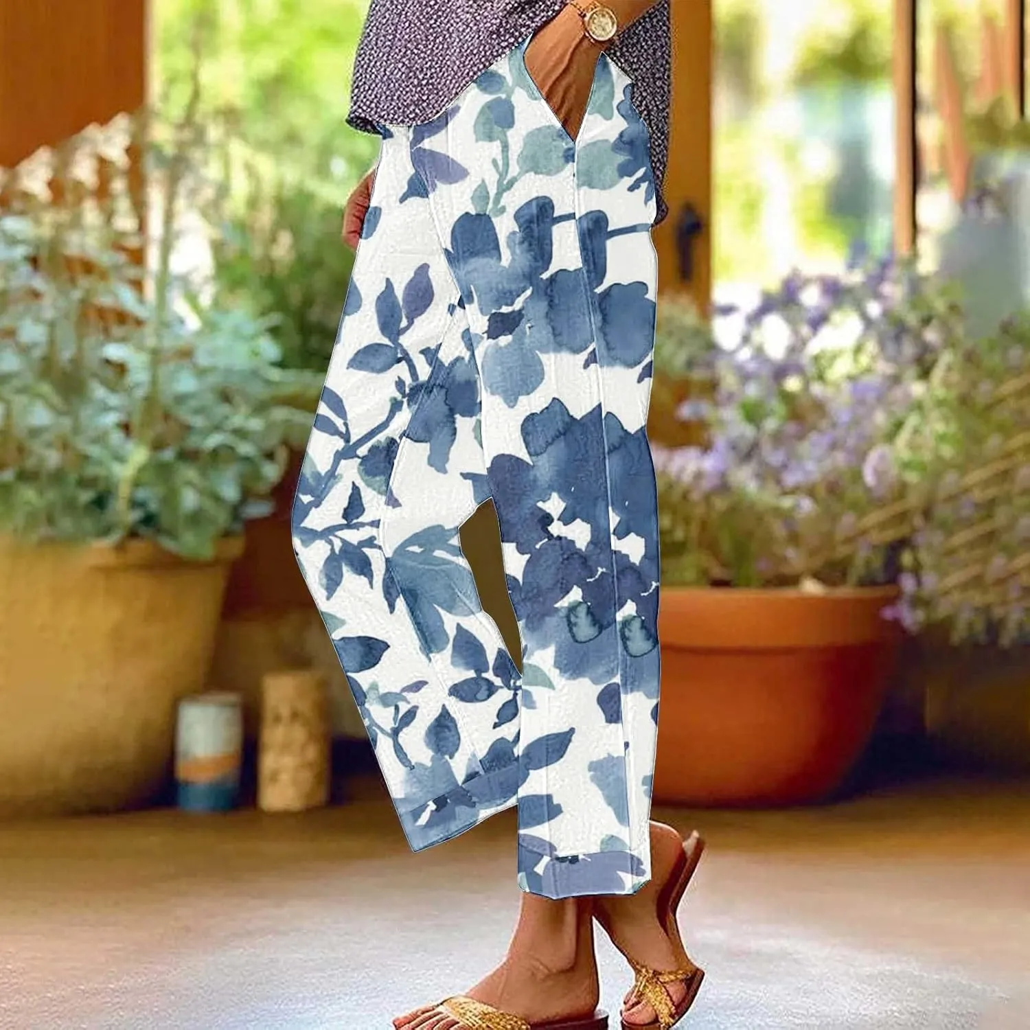 Cotton Linen Floral Cropped Pants for Women Summer Elastic Waist Straight Wide Leg Boho Beach Trouser with Pockets