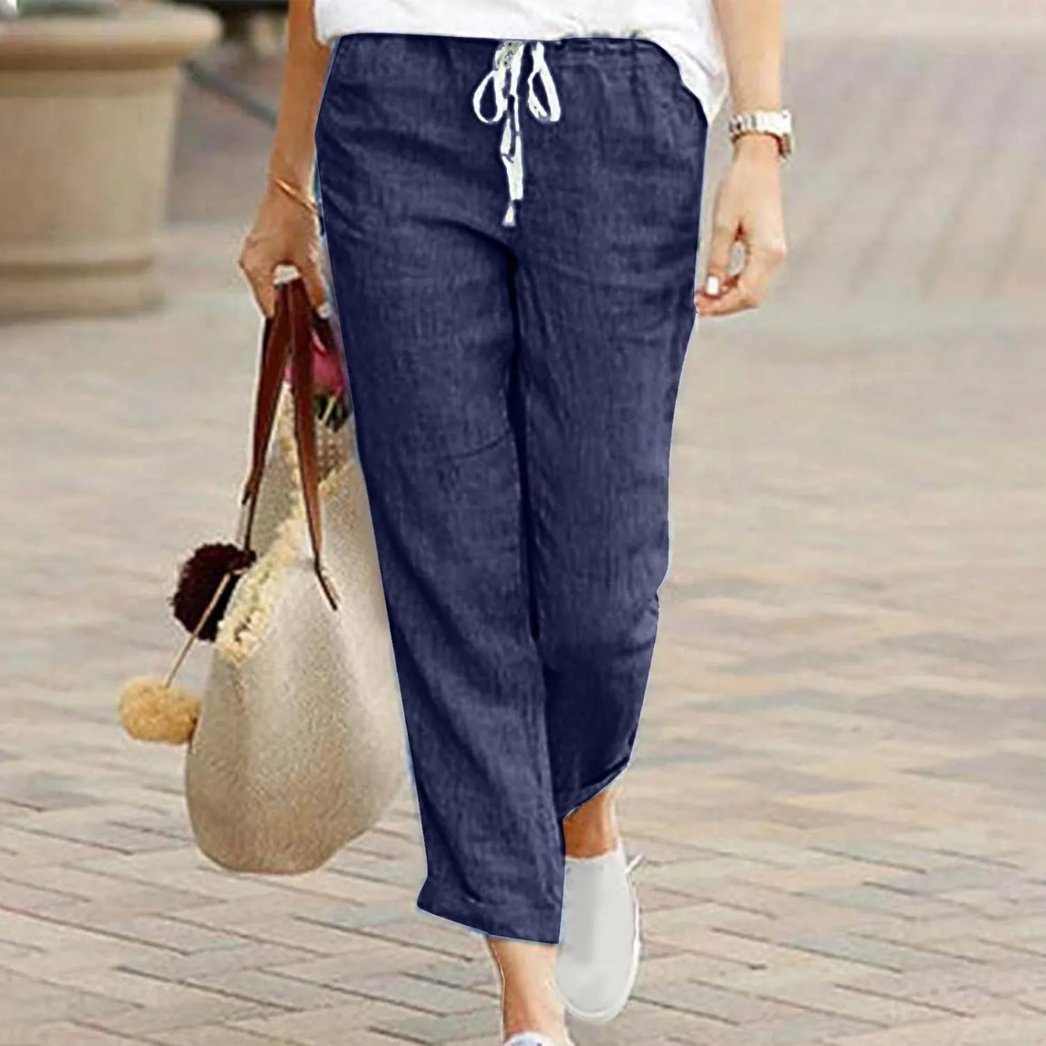 Cotton Linen Pants for Women 2024 Summer Drawstring High Waist Cropped Pants Loose Wide Leg Trousers with Pockets