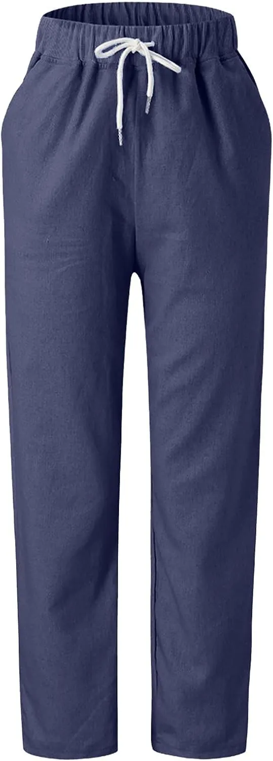 Cotton Linen Pants for Women 2024 Summer Drawstring High Waist Cropped Pants Loose Wide Leg Trousers with Pockets